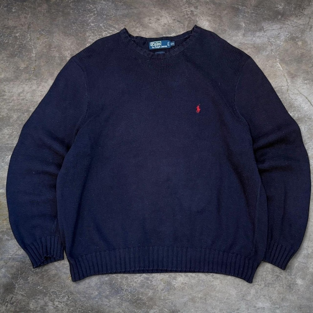 Vintage Polo Ralph Lauren Navy Blue Cotton Knit Sweatshirt Men's XXL Preppy 90s